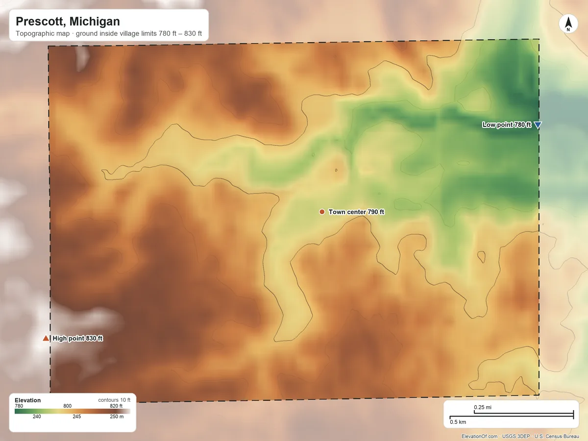 Topographic elevation map of Prescott, Michigan, shaded from 780 ft on the east side to 830 ft on the southwest side