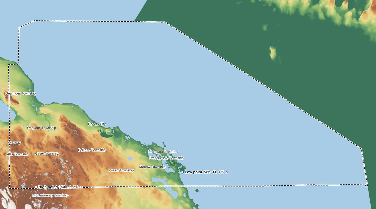 Topographic elevation map of Presque Isle County, Michigan, shaded from 580 ft on the shore of Lake Huron to 950 ft on the southwest side