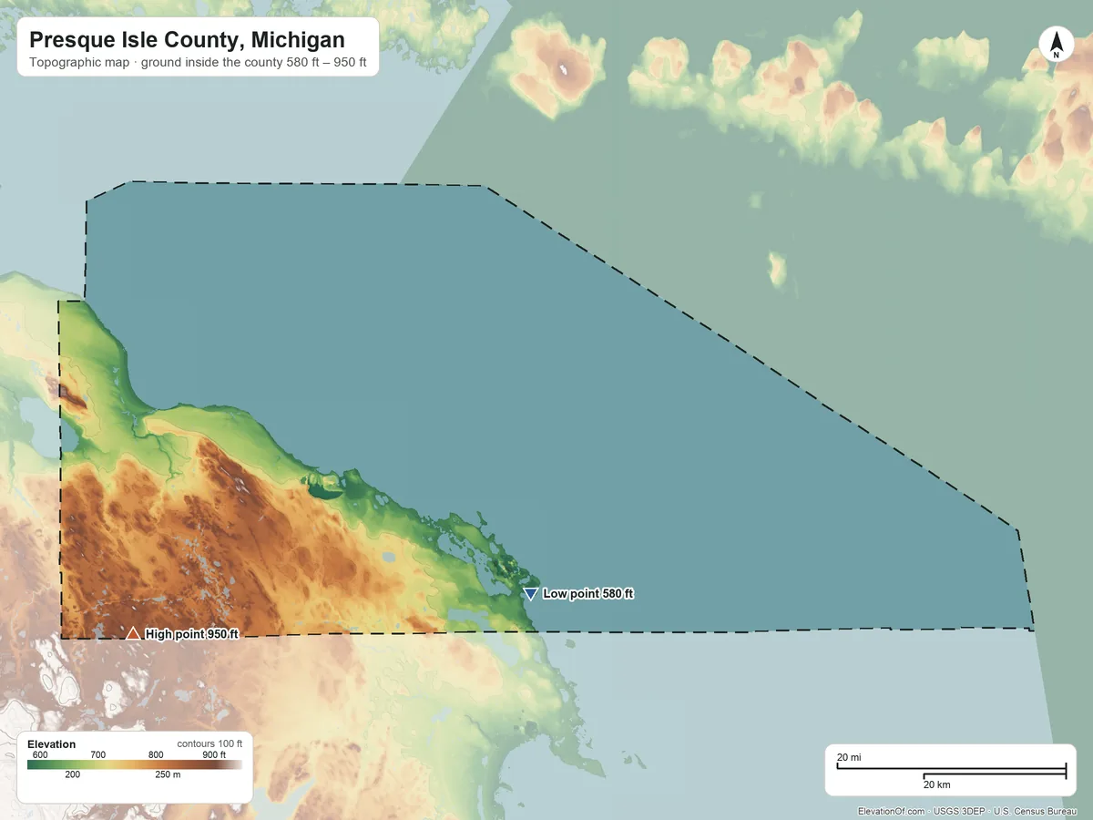 Topographic elevation map of Presque Isle County, Michigan, shaded from 580 ft on the shore of Lake Huron to 950 ft on the southwest side
