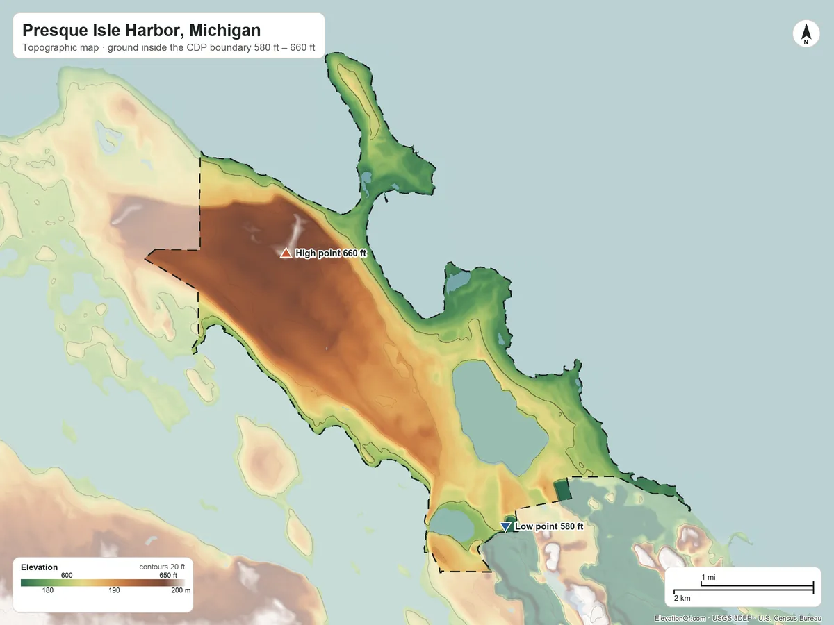 Topographic elevation map of Presque Isle Harbor, Michigan, shaded from 580 ft on the southeast side to 660 ft on the northwest side