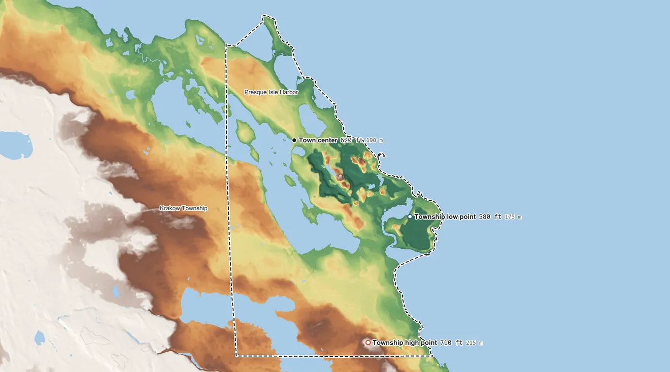Topographic elevation map of Presque Isle Township, Michigan, shaded from 580 ft on the shore of Lake Huron to 710 ft on the south side
