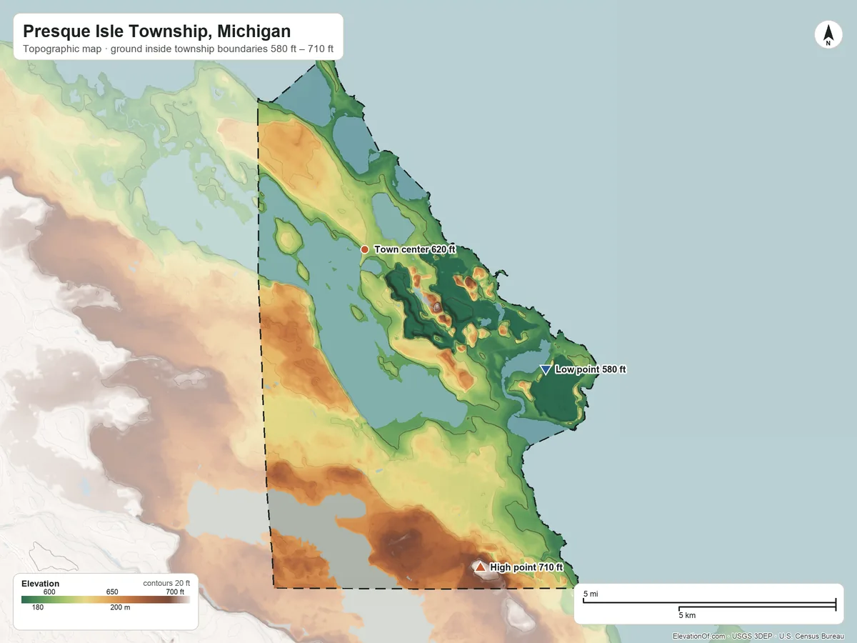Topographic elevation map of Presque Isle Township, Michigan, shaded from 580 ft on the shore of Lake Huron to 710 ft on the south side