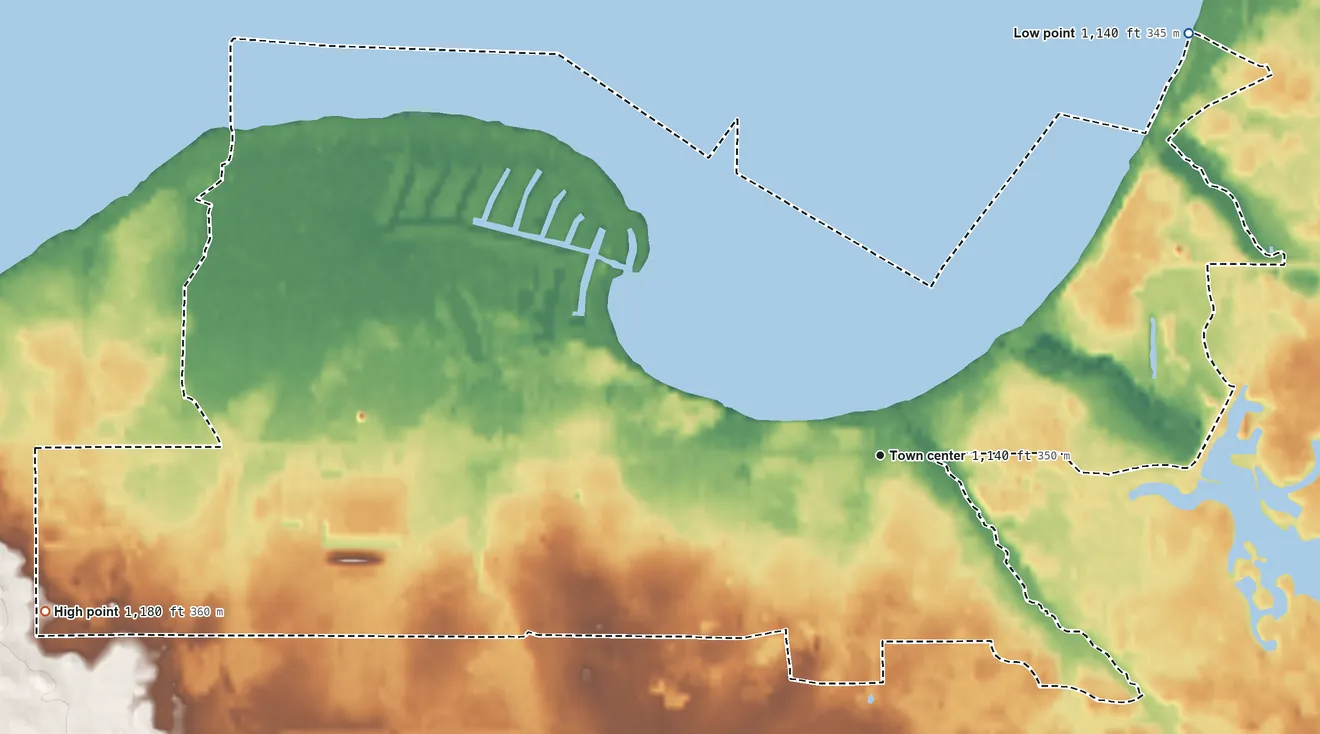 Topographic elevation map of Prudenville, Michigan, shaded from 1,140 ft on the northeast side to 1,180 ft on the west side