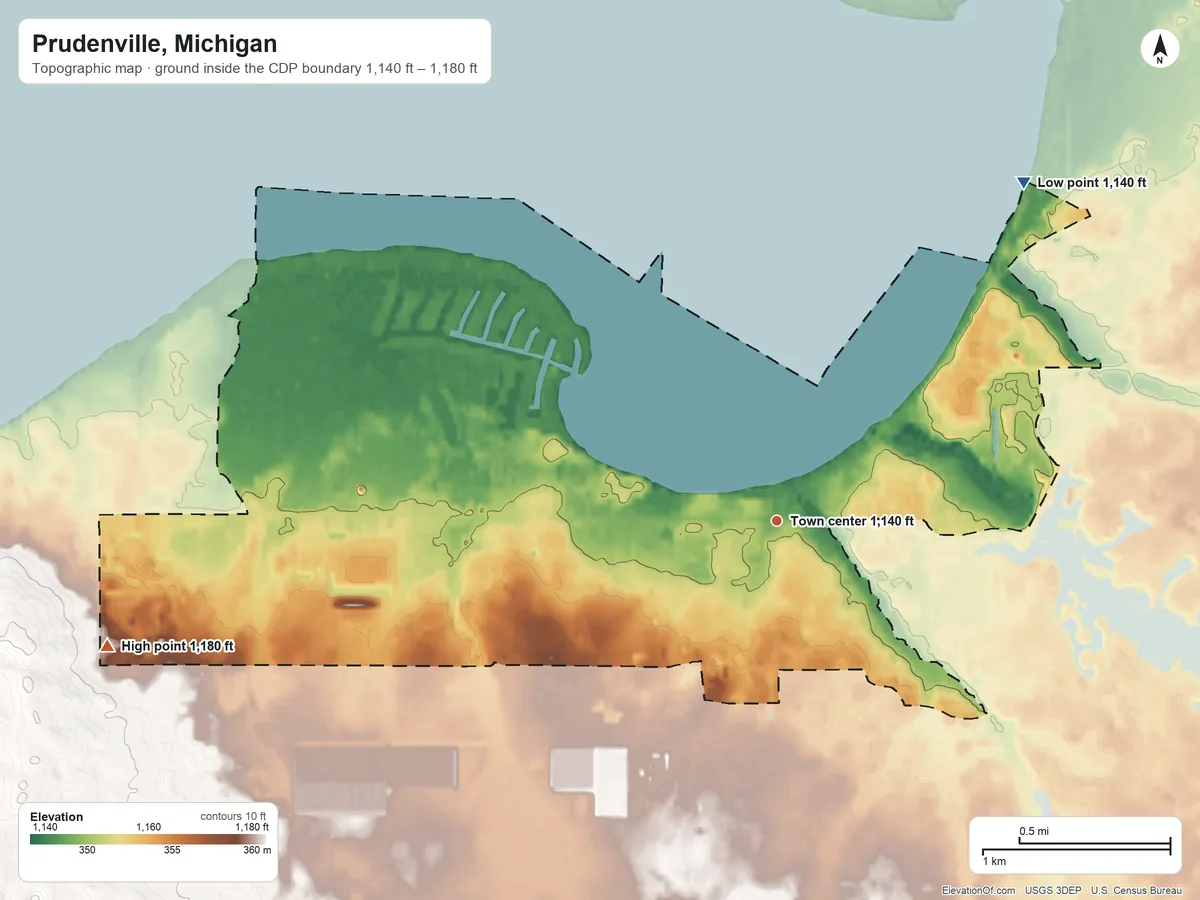 Topographic elevation map of Prudenville, Michigan, shaded from 1,140 ft on the northeast side to 1,180 ft on the west side