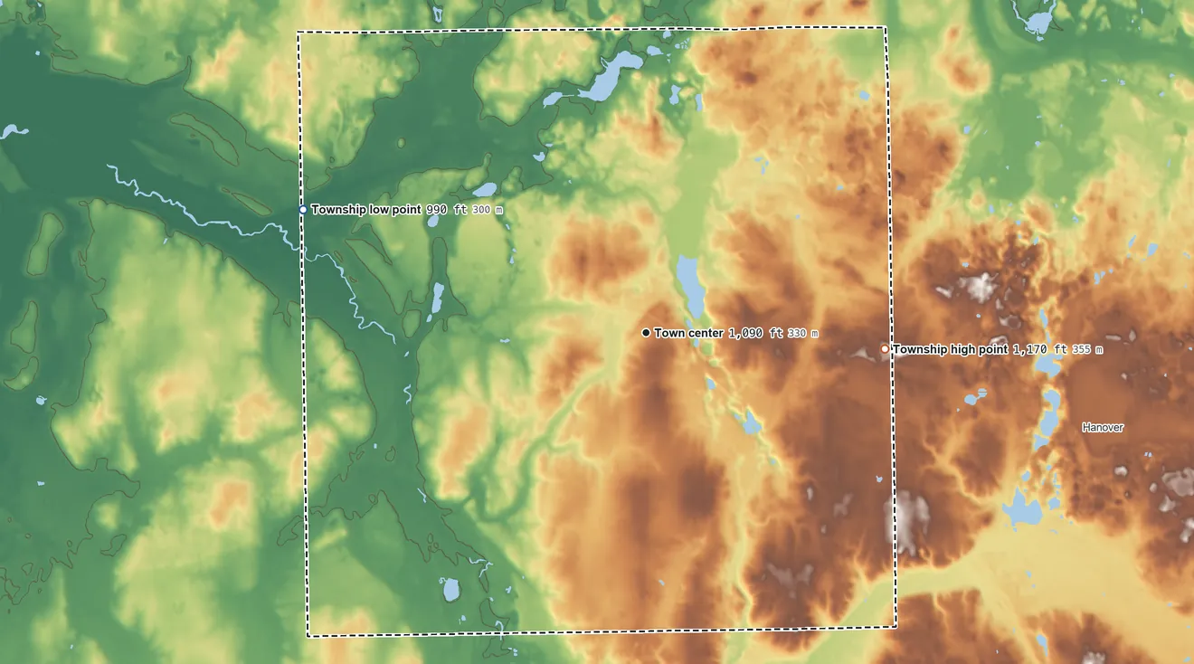Topographic elevation map of Pulaski Township, Michigan, shaded from 990 ft on the west side to 1,170 ft on the east side