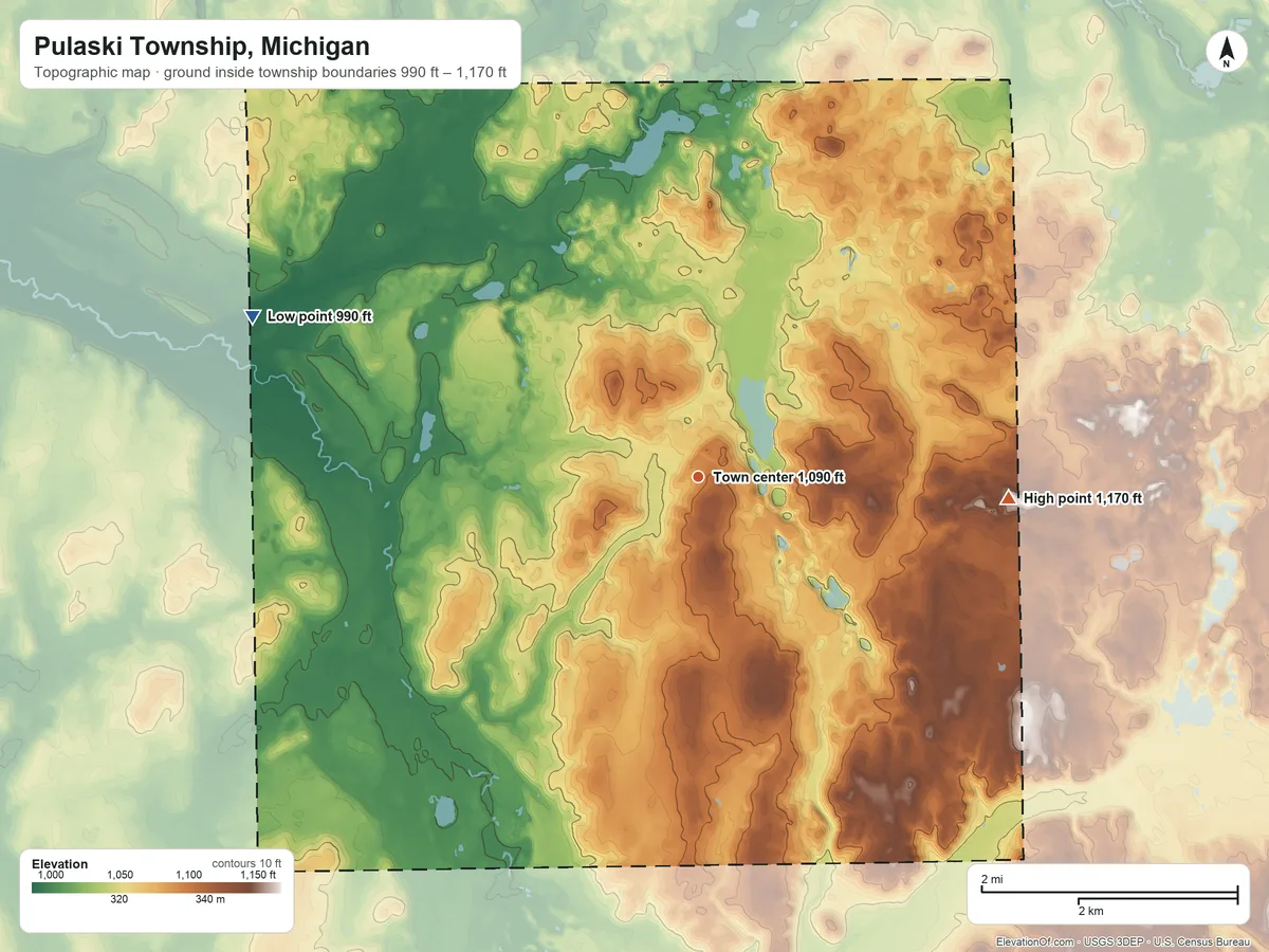 Topographic elevation map of Pulaski Township, Michigan, shaded from 990 ft on the west side to 1,170 ft on the east side