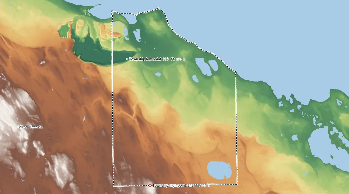 Topographic elevation map of Pulawski Township, Michigan, shaded from 580 ft on the northwest side to 840 ft on the south side