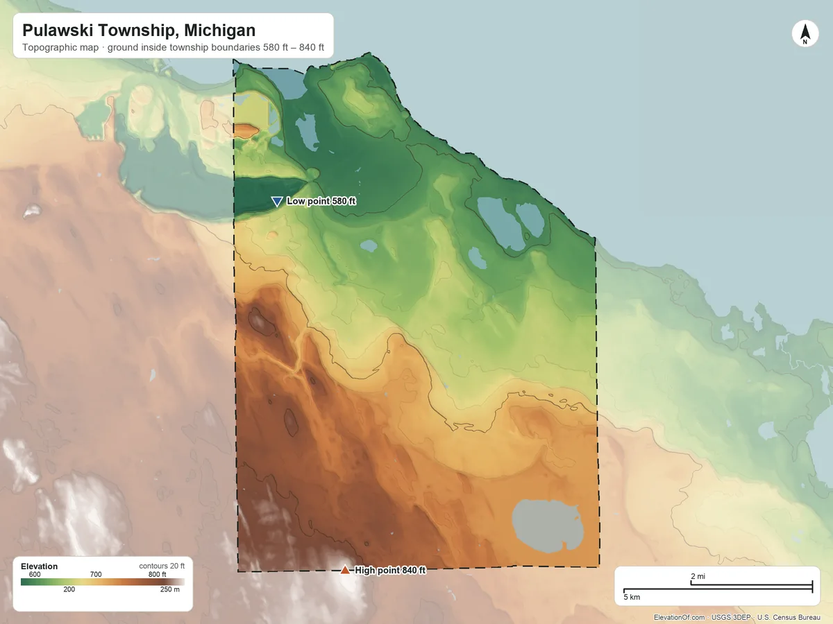 Topographic elevation map of Pulawski Township, Michigan, shaded from 580 ft on the northwest side to 840 ft on the south side
