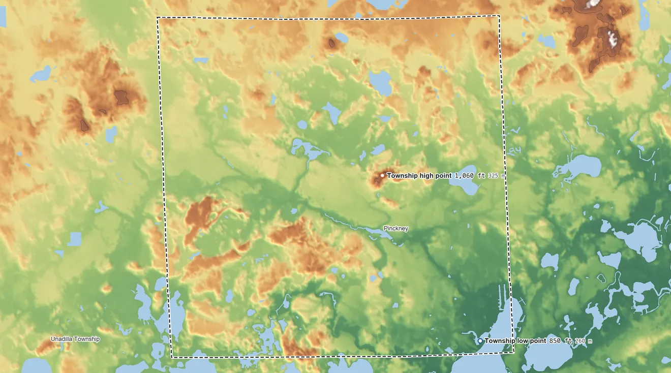 Topographic elevation map of Putnam Township, Michigan, shaded from 850 ft on the southeast side to 1,060 ft on the north side