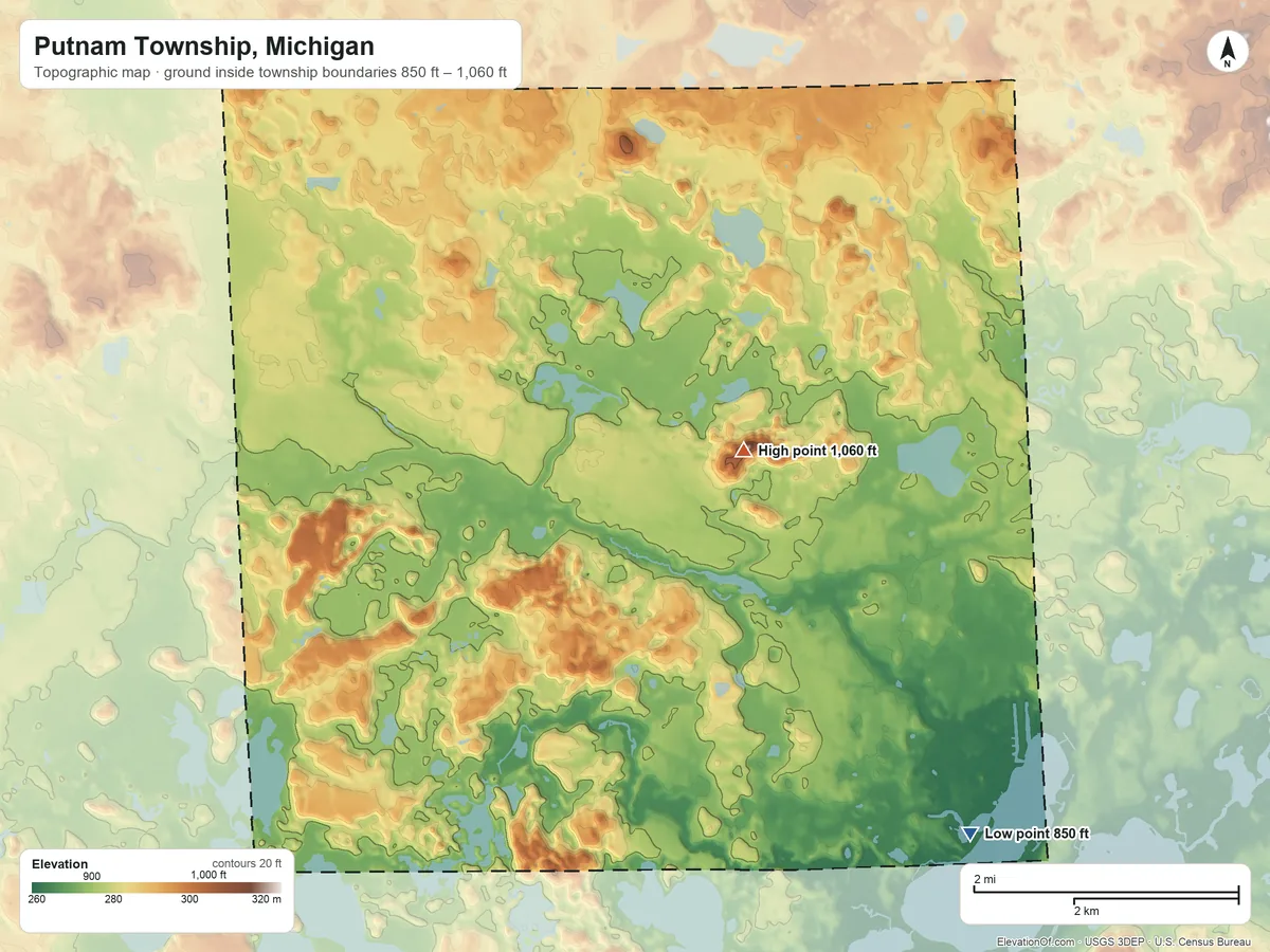 Topographic elevation map of Putnam Township, Michigan, shaded from 850 ft on the southeast side to 1,060 ft on the north side