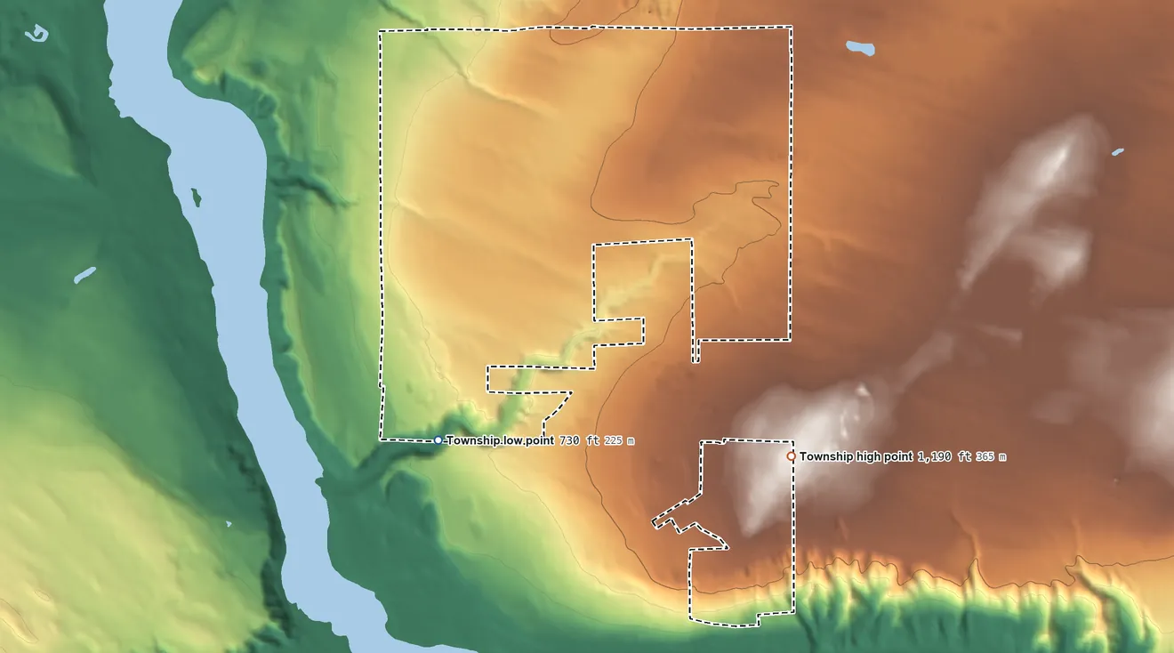 Topographic elevation map of Quincy Township, Houghton County, Michigan, shaded from 730 ft on the west side to 1,190 ft on the northeast side
