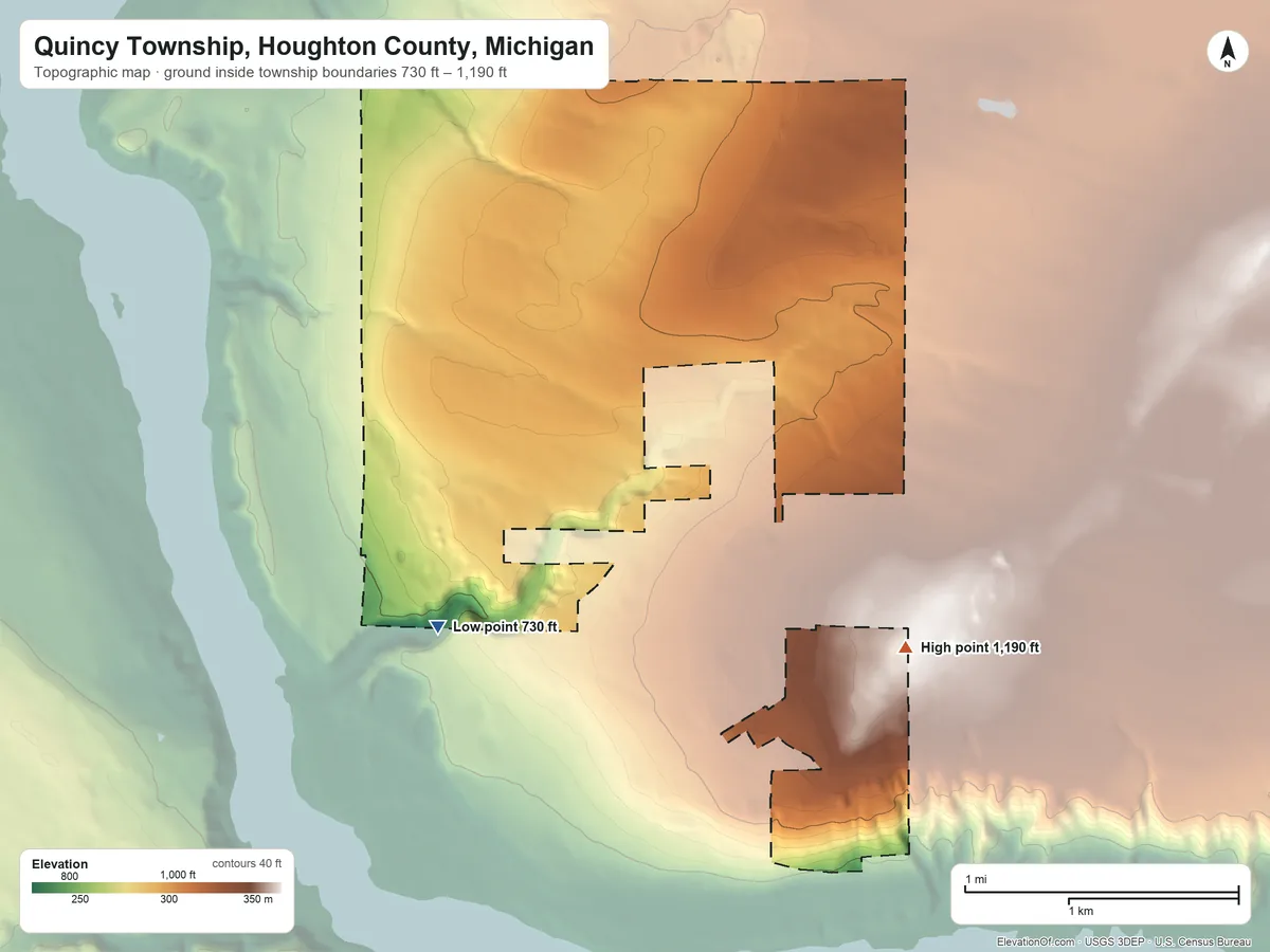 Topographic elevation map of Quincy Township, Houghton County, Michigan, shaded from 730 ft on the west side to 1,190 ft on the northeast side