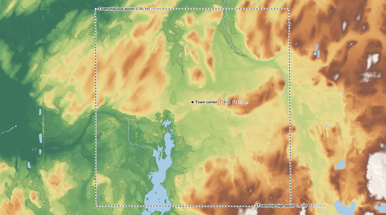 Topographic elevation map of Quincy Township, Michigan, shaded from 970 ft on the northwest side to 1,100 ft on the southeast side