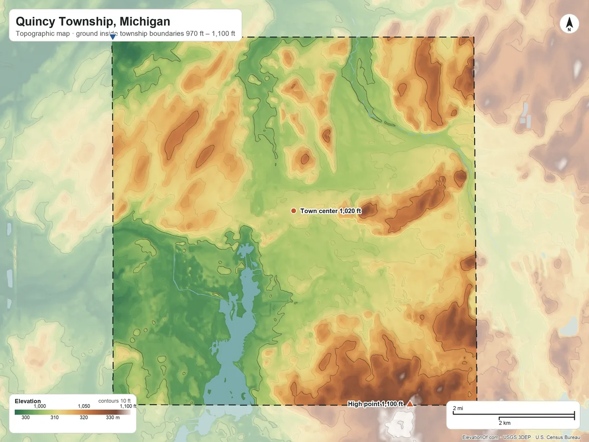 Topographic elevation map of Quincy Township, Michigan, shaded from 970 ft on the northwest side to 1,100 ft on the southeast side
