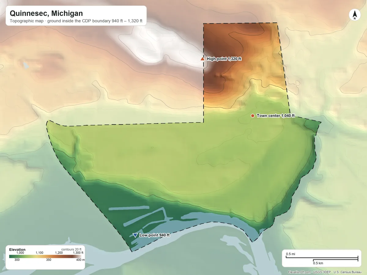 Topographic elevation map of Quinnesec, Michigan, shaded from 940 ft on the southwest side to 1,320 ft on the northwest side