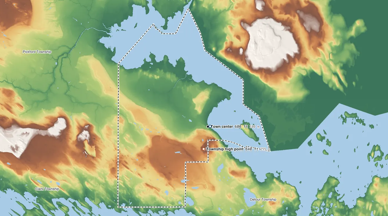 Topographic elevation map of Raber Township, Michigan, shaded from 580 ft near the middle to 840 ft near the middle