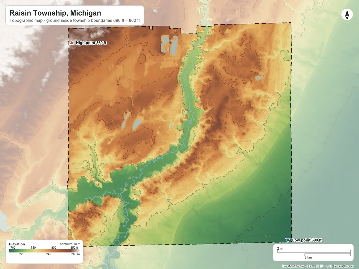 Topographic elevation map of Raisin Township, Michigan, shaded from 690 ft on the southeast side to 860 ft on the northwest side