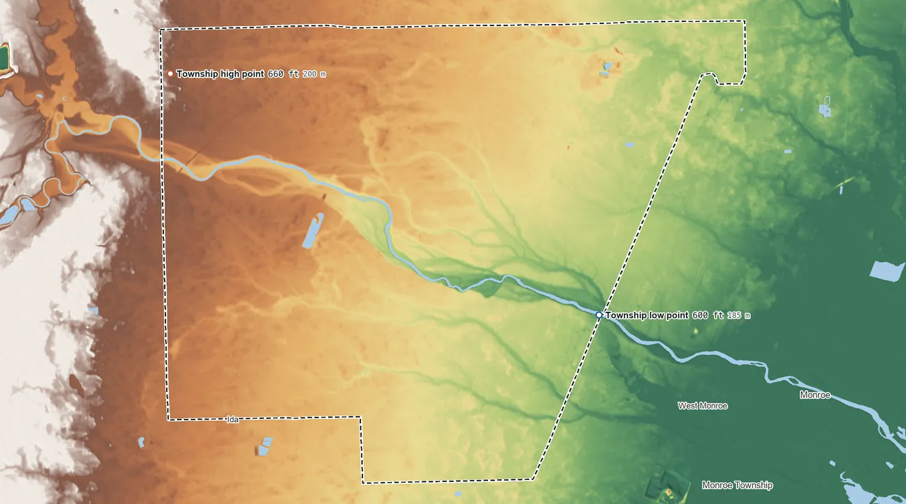 Topographic elevation map of Raisinville Township, Michigan, shaded from 600 ft on the east side to 660 ft on the northwest side