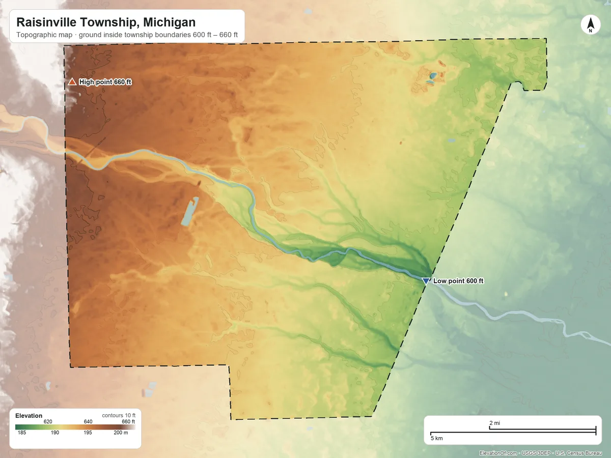 Topographic elevation map of Raisinville Township, Michigan, shaded from 600 ft on the east side to 660 ft on the northwest side