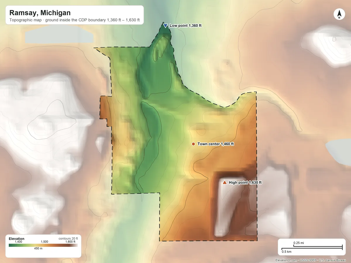 Topographic elevation map of Ramsay, Michigan, shaded from 1,360 ft on the north side to 1,630 ft on the southeast side