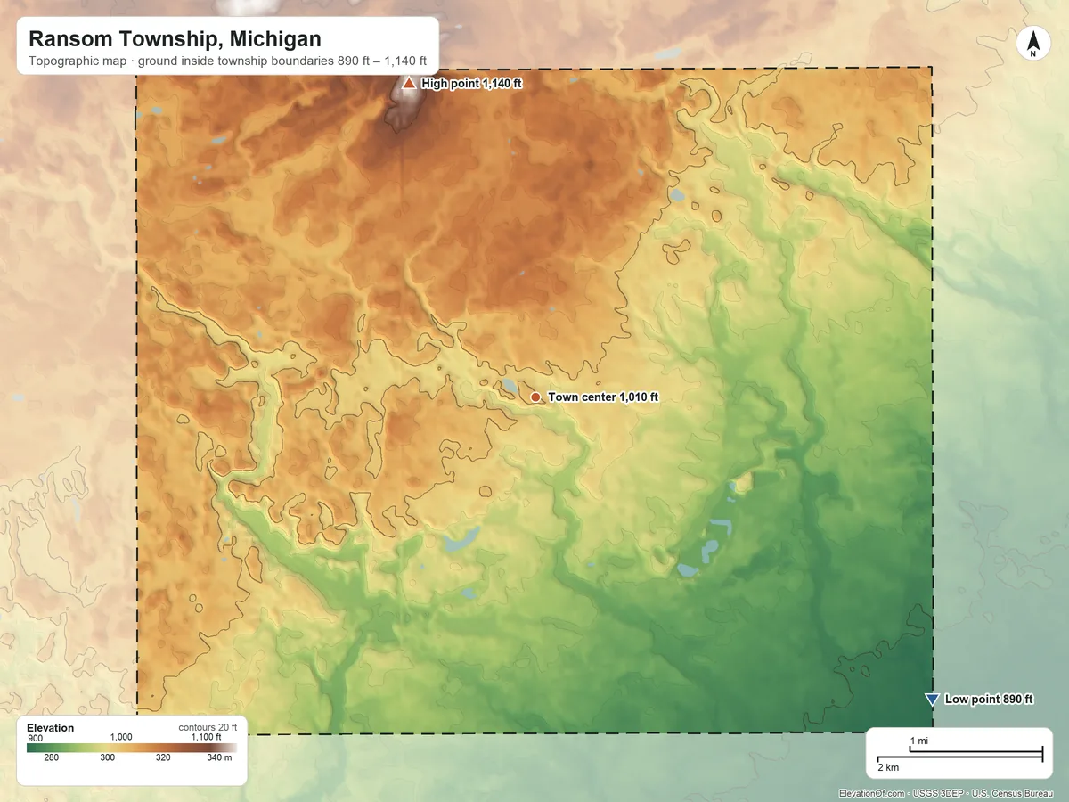Topographic elevation map of Ransom Township, Michigan, shaded from 890 ft on the southeast side to 1,140 ft on the north side