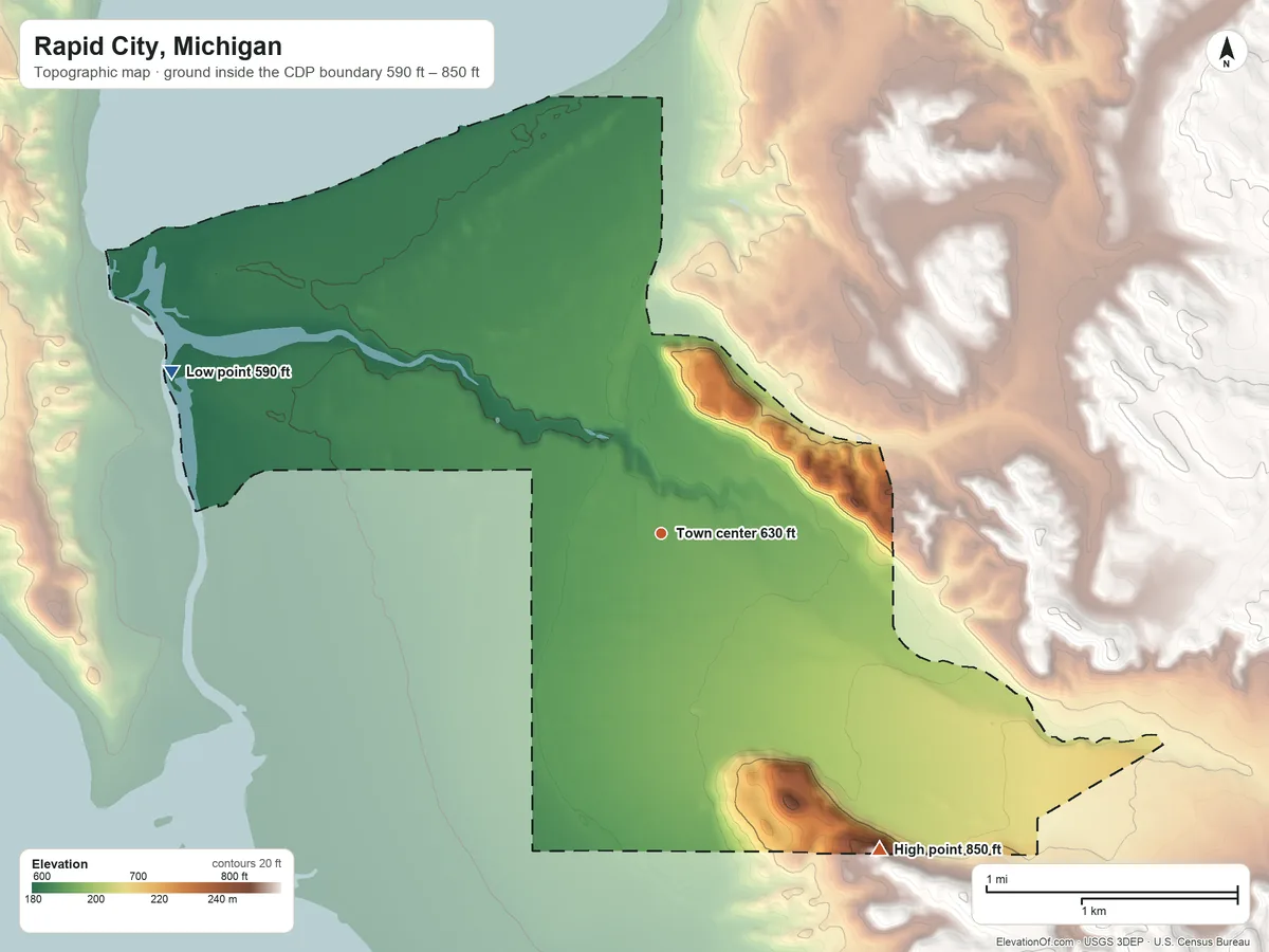 Topographic elevation map of Rapid City, Michigan, shaded from 590 ft on the west side to 850 ft on the southeast side