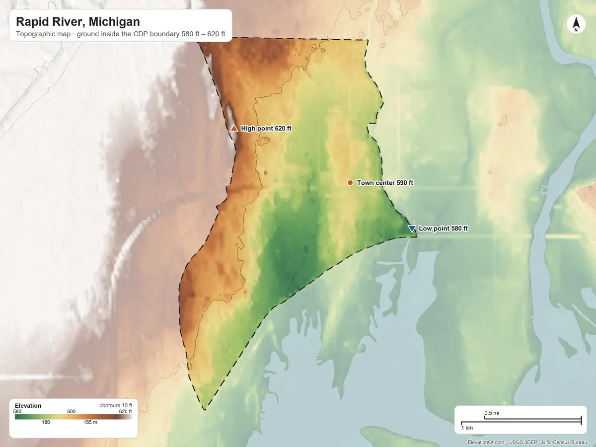 Topographic elevation map of Rapid River, Michigan, shaded from 580 ft on the southeast side to 620 ft on the northwest side