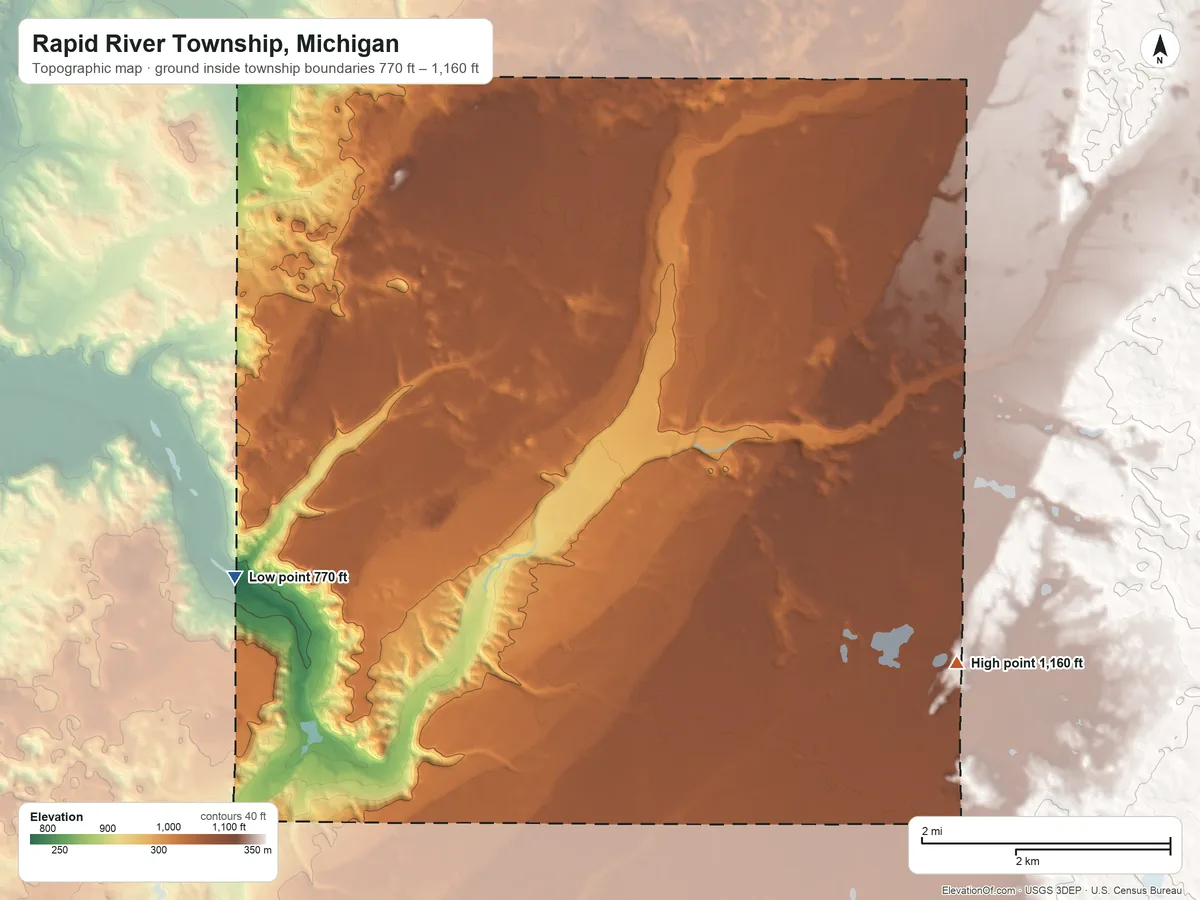 Topographic elevation map of Rapid River Township, Michigan, shaded from 770 ft on the southwest side to 1,160 ft on the southeast side