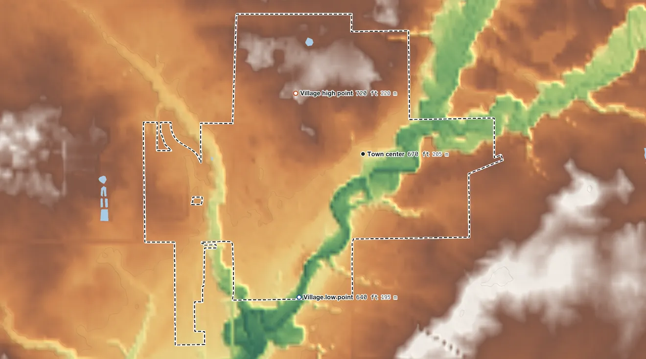 Topographic elevation map of Ravenna, Michigan, shaded from 640 ft on the southwest side to 720 ft on the northwest side