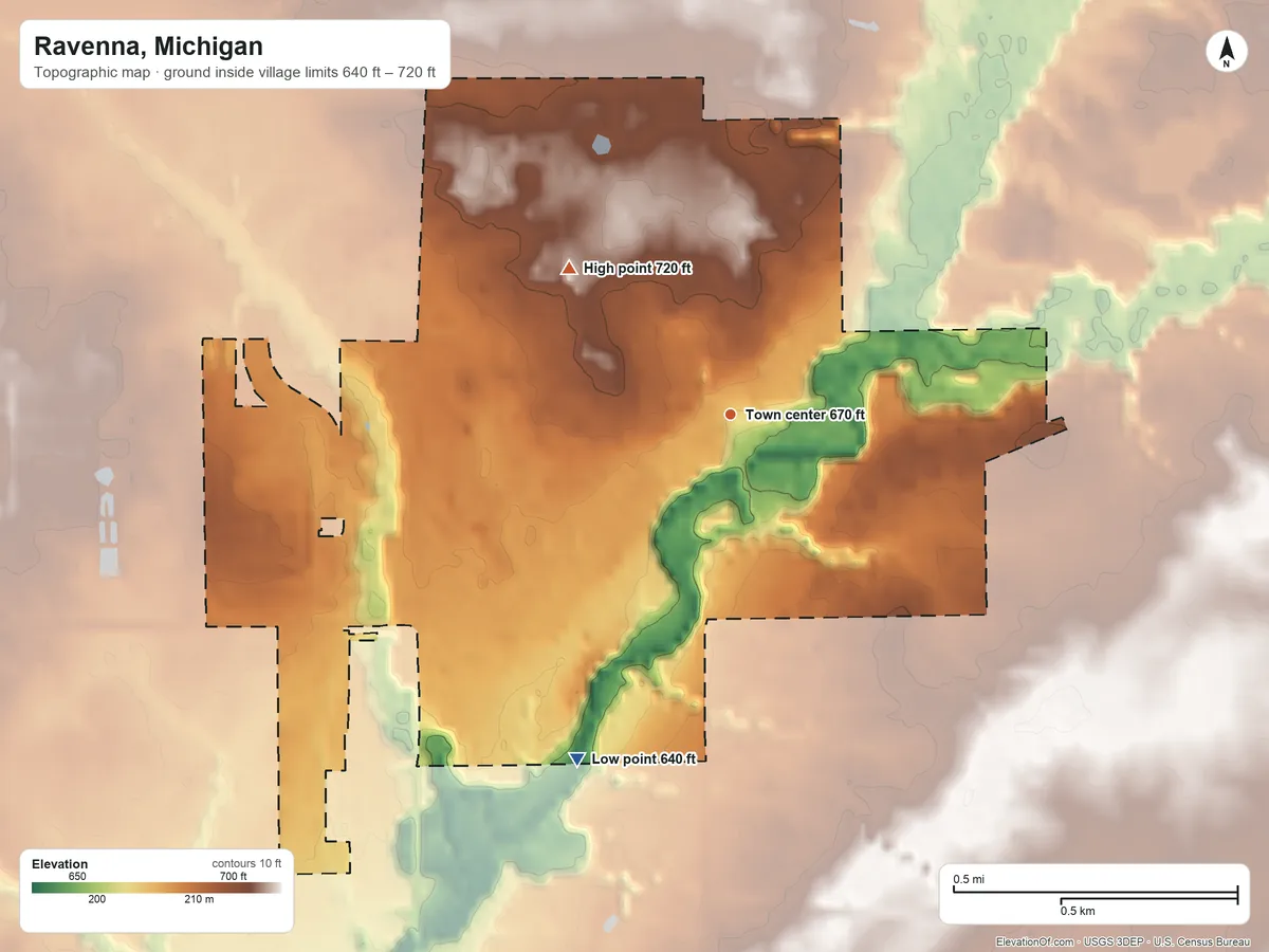 Topographic elevation map of Ravenna, Michigan, shaded from 640 ft on the southwest side to 720 ft on the northwest side