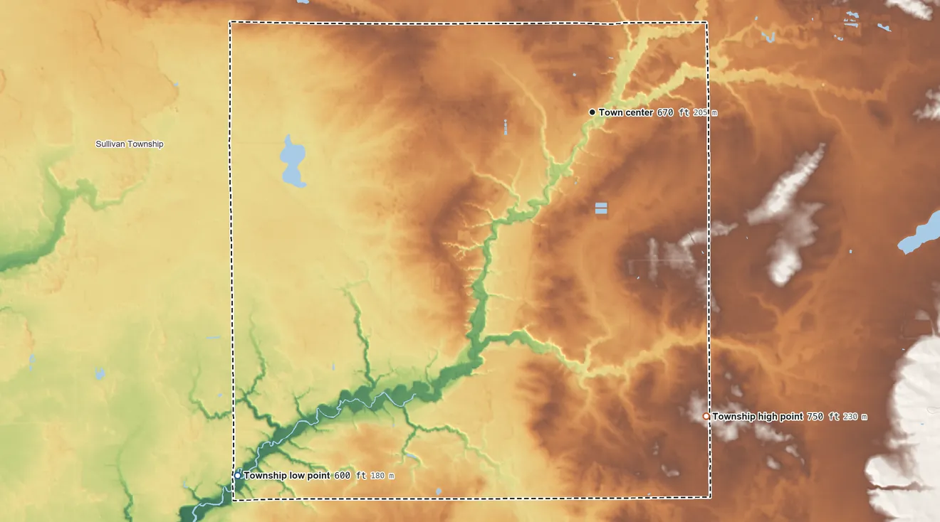 Topographic elevation map of Ravenna Township, Michigan, shaded from 600 ft on the southwest side to 750 ft on the south side