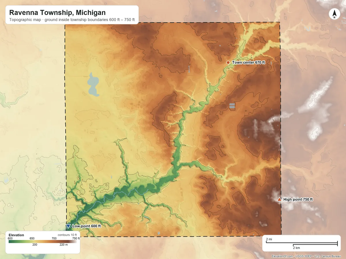 Topographic elevation map of Ravenna Township, Michigan, shaded from 600 ft on the southwest side to 750 ft on the south side