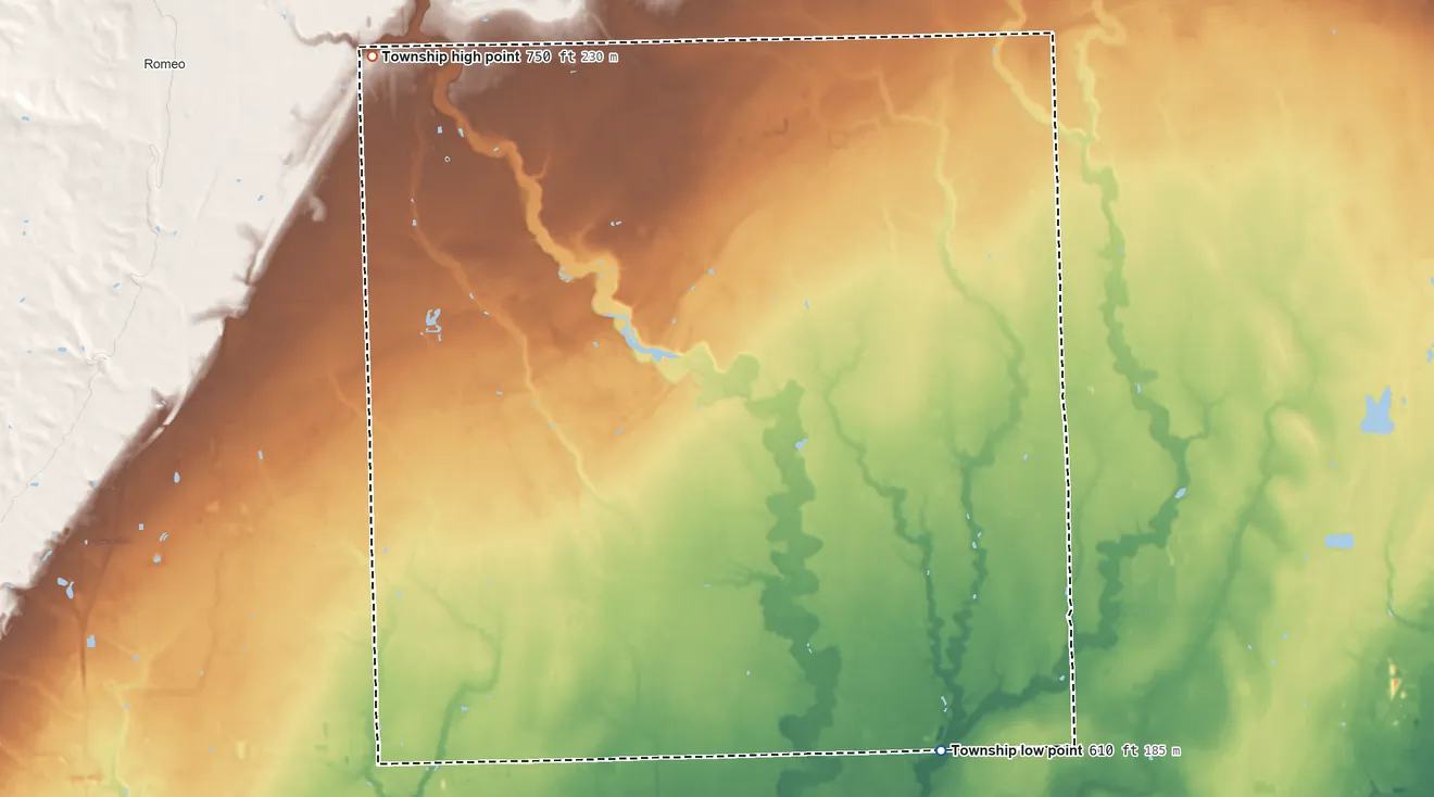 Topographic elevation map of Ray Township, Michigan, shaded from 610 ft on the southeast side to 750 ft on the northwest side