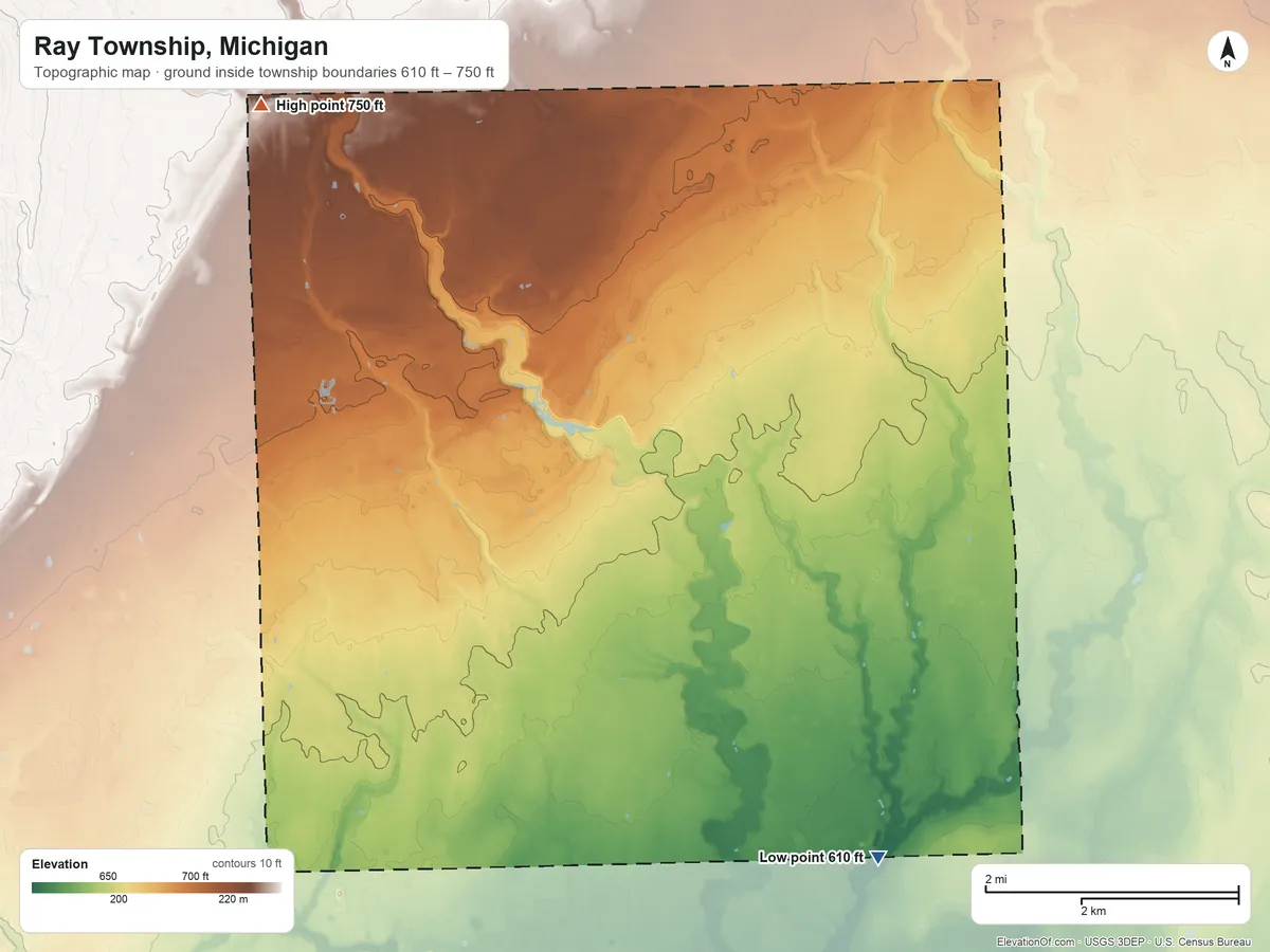 Topographic elevation map of Ray Township, Michigan, shaded from 610 ft on the southeast side to 750 ft on the northwest side