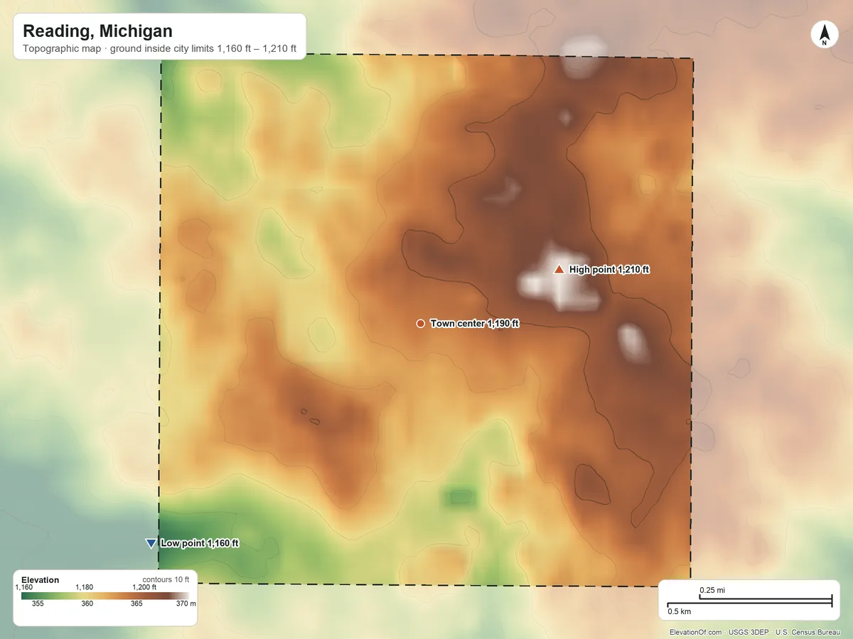 Topographic elevation map of Reading, Michigan, shaded from 1,160 ft on the southwest side to 1,210 ft on the east side