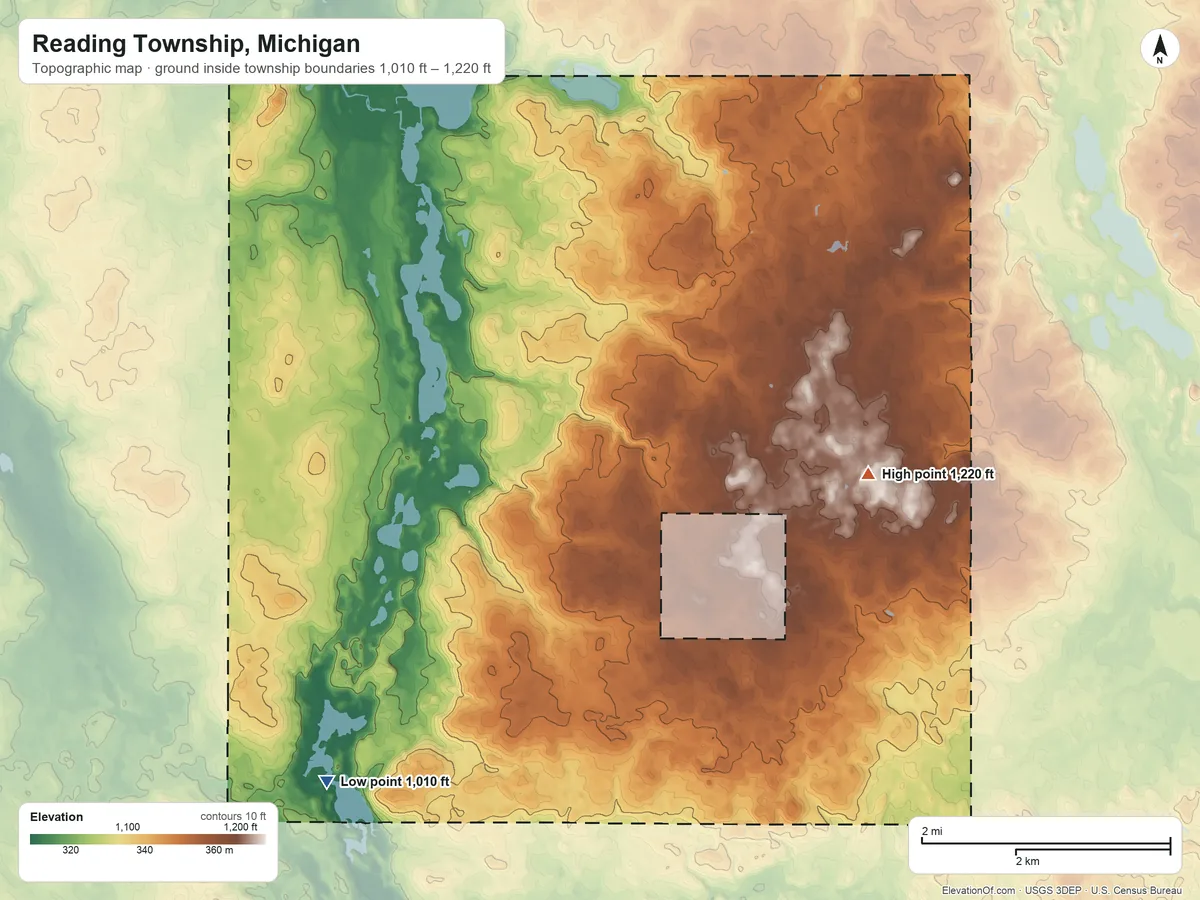 Topographic elevation map of Reading Township, Michigan, shaded from 1,010 ft on the southwest side to 1,220 ft on the east side