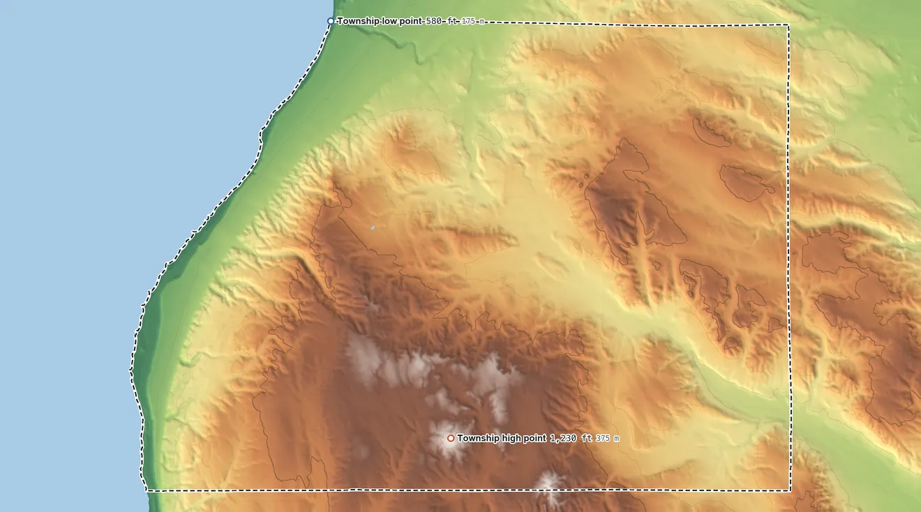 Topographic elevation map of Readmond Township, Michigan, shaded from 580 ft on the northwest side to 1,230 ft on the south side