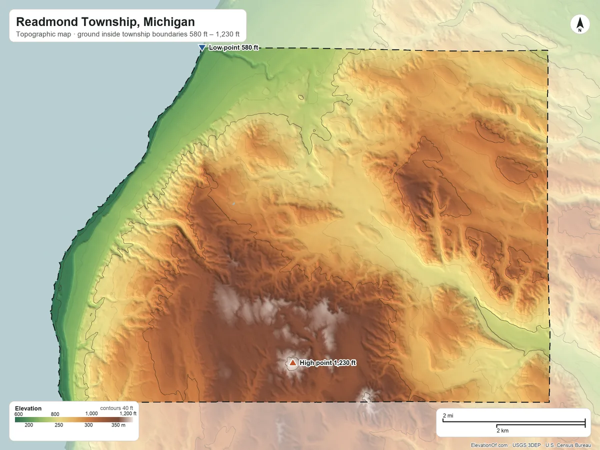 Topographic elevation map of Readmond Township, Michigan, shaded from 580 ft on the northwest side to 1,230 ft on the south side
