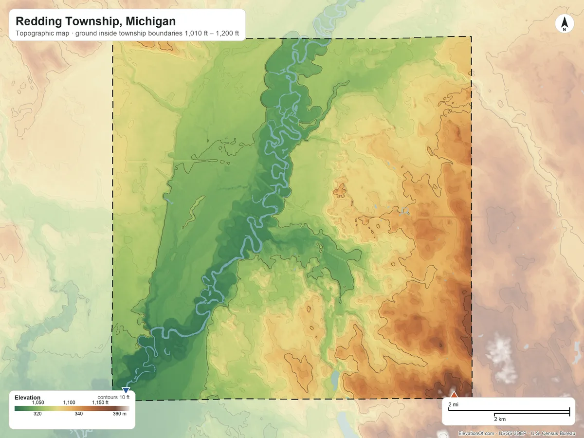 Topographic elevation map of Redding Township, Michigan, shaded from 1,010 ft on the southwest side to 1,200 ft on the southeast side