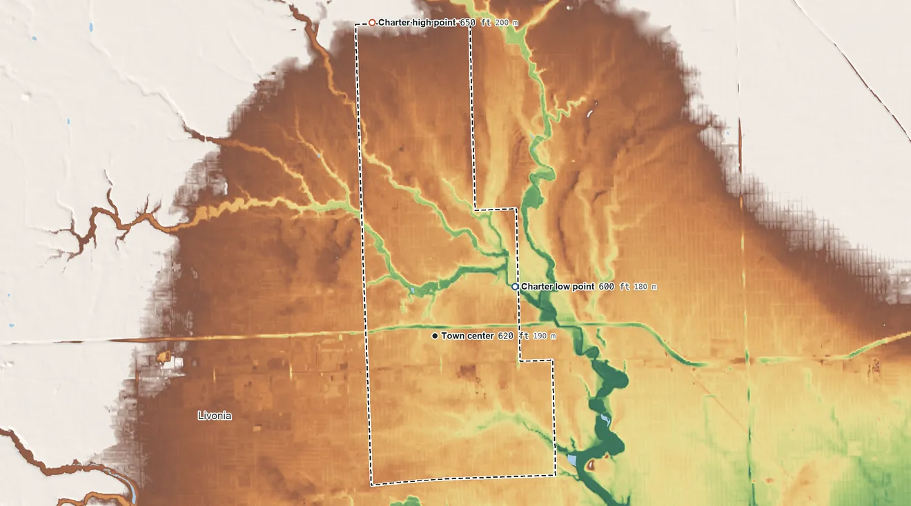 Topographic elevation map of Redford Township, Michigan, shaded from 600 ft on the northeast side to 650 ft on the north side