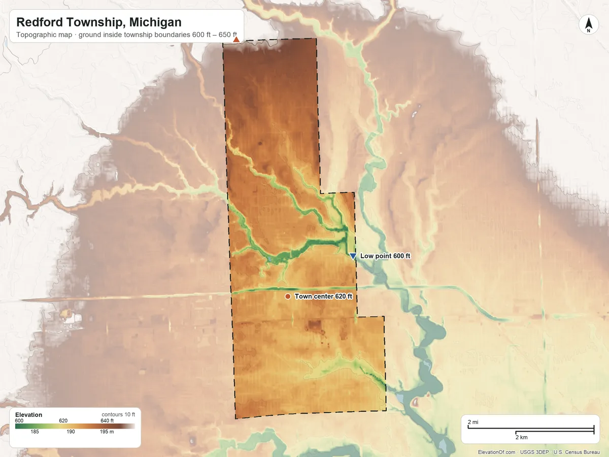 Topographic elevation map of Redford Township, Michigan, shaded from 600 ft on the northeast side to 650 ft on the north side