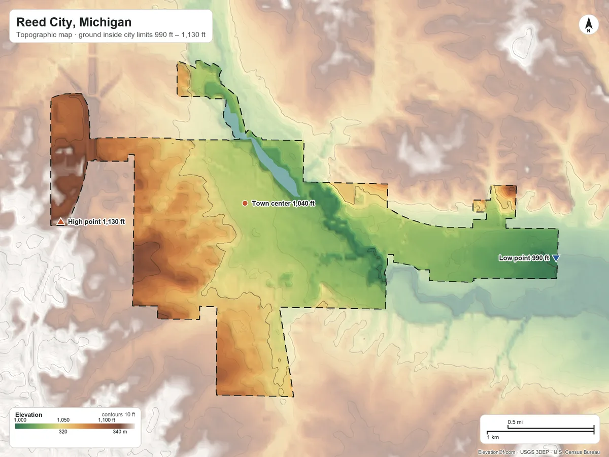 Topographic elevation map of Reed City, Michigan, shaded from 990 ft on the east side to 1,130 ft on the west side