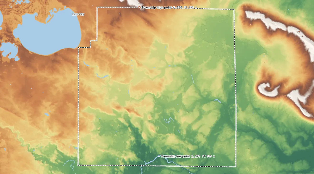 Topographic elevation map of Reeder Township, Michigan, shaded from 1,170 ft on the south side to 1,300 ft on the north side