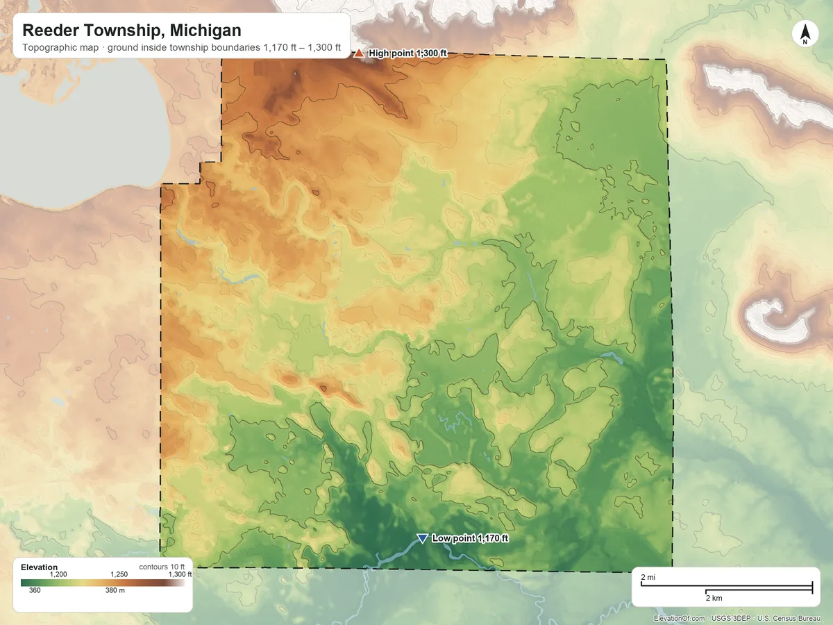 Topographic elevation map of Reeder Township, Michigan, shaded from 1,170 ft on the south side to 1,300 ft on the north side