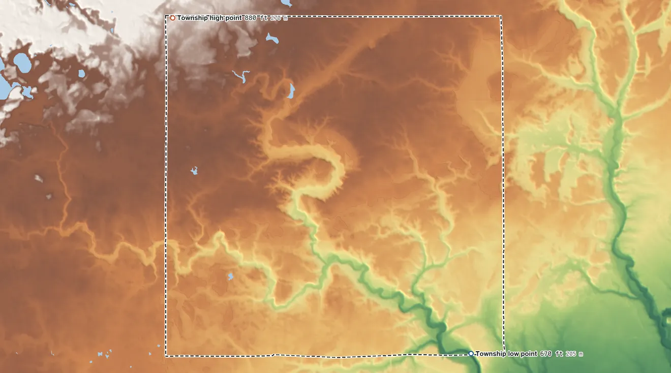 Topographic elevation map of Reno Township, Michigan, shaded from 670 ft on the southeast side to 880 ft on the northwest side