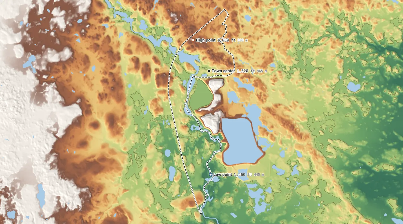 Topographic elevation map of Republic, Michigan, shaded from 1,460 ft on the south side to 1,630 ft on the northwest side