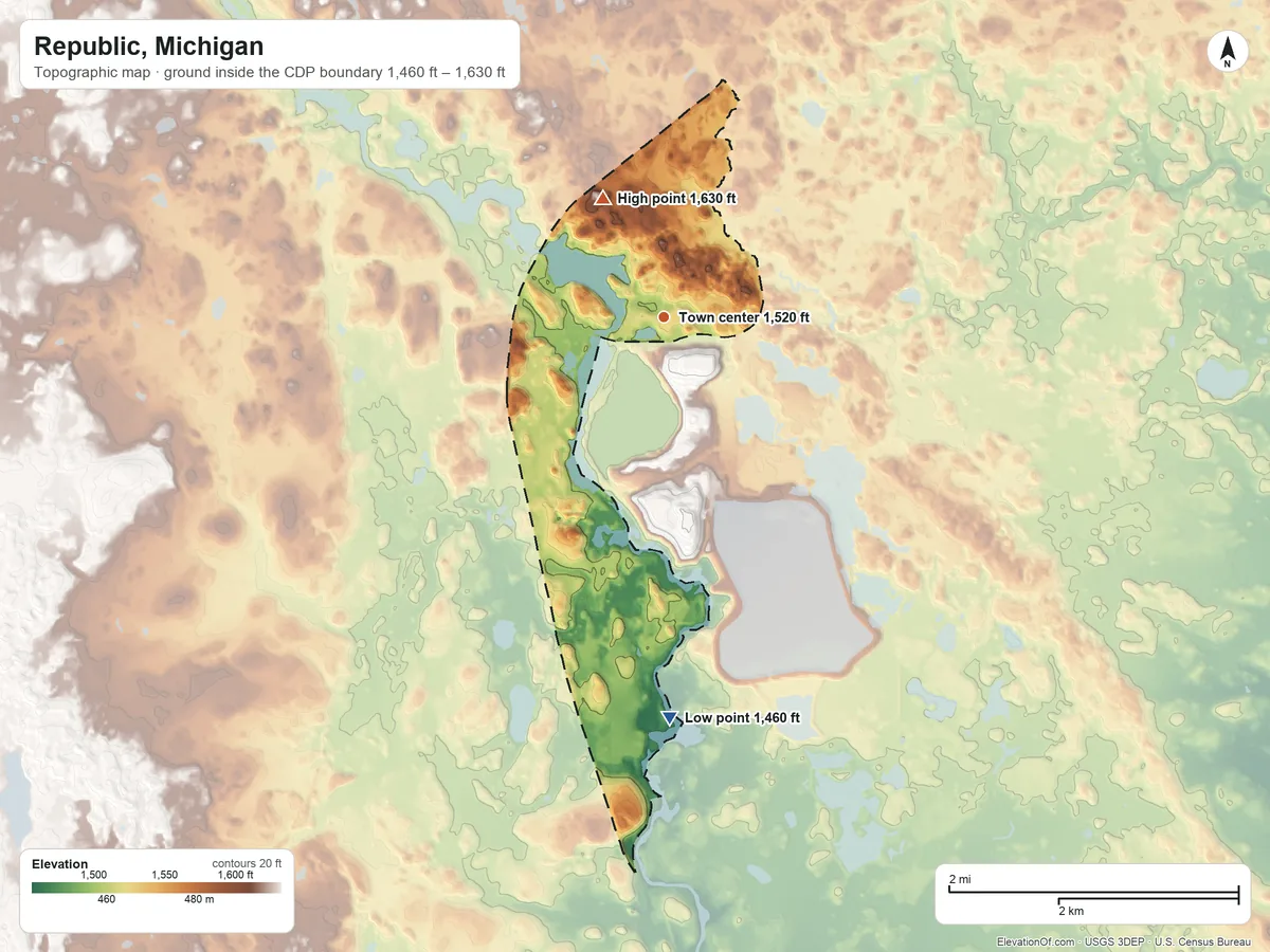 Topographic elevation map of Republic, Michigan, shaded from 1,460 ft on the south side to 1,630 ft on the northwest side