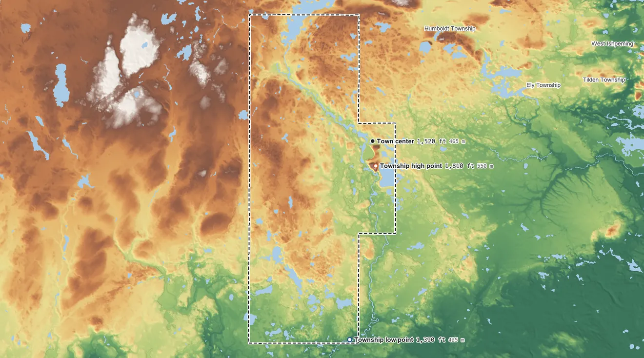 Topographic elevation map of Republic Township, Michigan, shaded from 1,390 ft on the south side to 1,810 ft near the middle