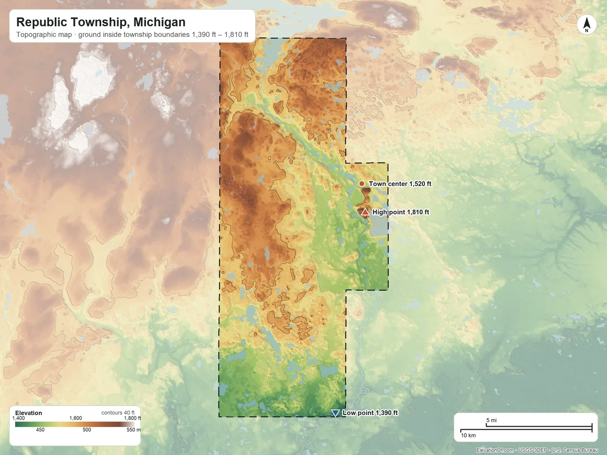 Topographic elevation map of Republic Township, Michigan, shaded from 1,390 ft on the south side to 1,810 ft near the middle