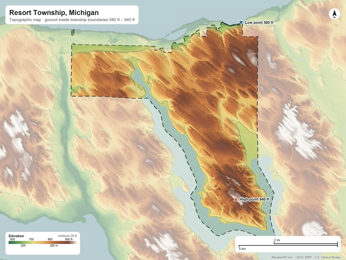 Topographic elevation map of Resort Township, Michigan, shaded from 580 ft on the northeast side to 940 ft on the south side